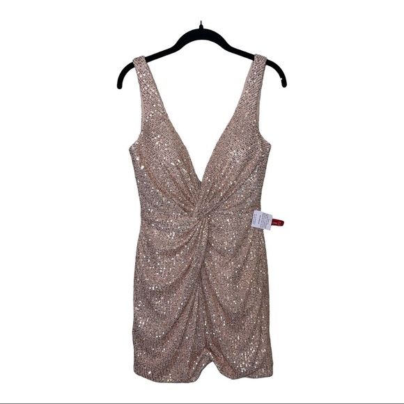 Ieena for Mac Duggal Rose Gold Sequin Twist Front Mini Dress NWT Size 8 26496 - Picture 9 of 14